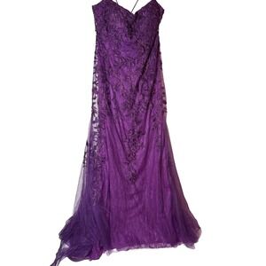 Purple Floral Embroidered Lace Corset Back Prom Formal Evening Gown Dress